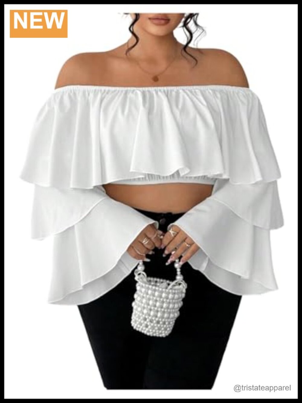 Plus Size Off Shoulder Crop Top Long Sleeve Ruffle Bell Sleeve Women's